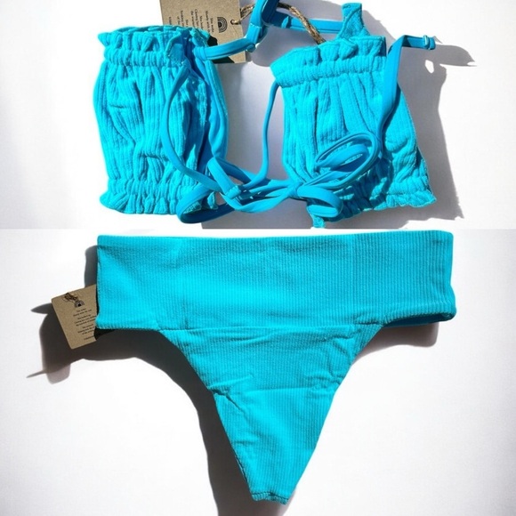 🌻NEW w.tags Free People x Toast Signature Ruffle Bandeau Top in Turquoise Blue - Picture 12 of 13